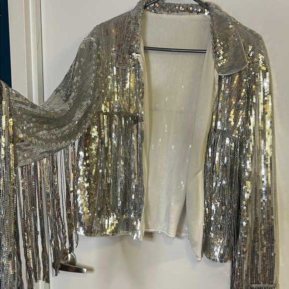 Silver Sequin Fringe Jacket – Cropped Disco / Festival Statement Piece - Picture 4 of 12